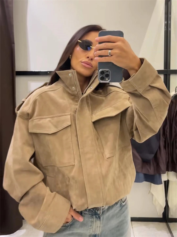 Vintage Stand Collar Suede Jacket Coats Oversized Cropped Coat Outerwear Womens Autumn Demiseason Streetwear Casual Outfit 250919