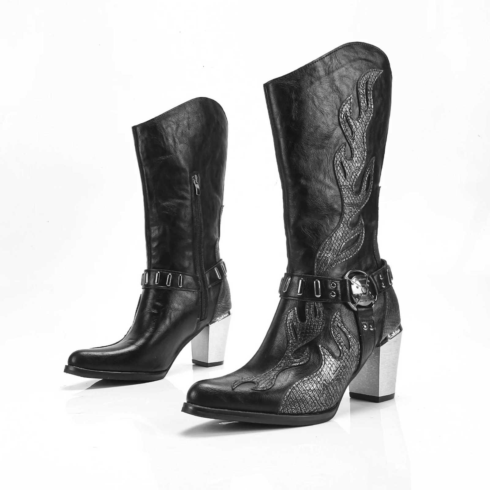 Bottes occidentales pour hommes et femmes texture animale Flame côté fermeture éclair et les bottes de calcul avec des talons hauts épais et des