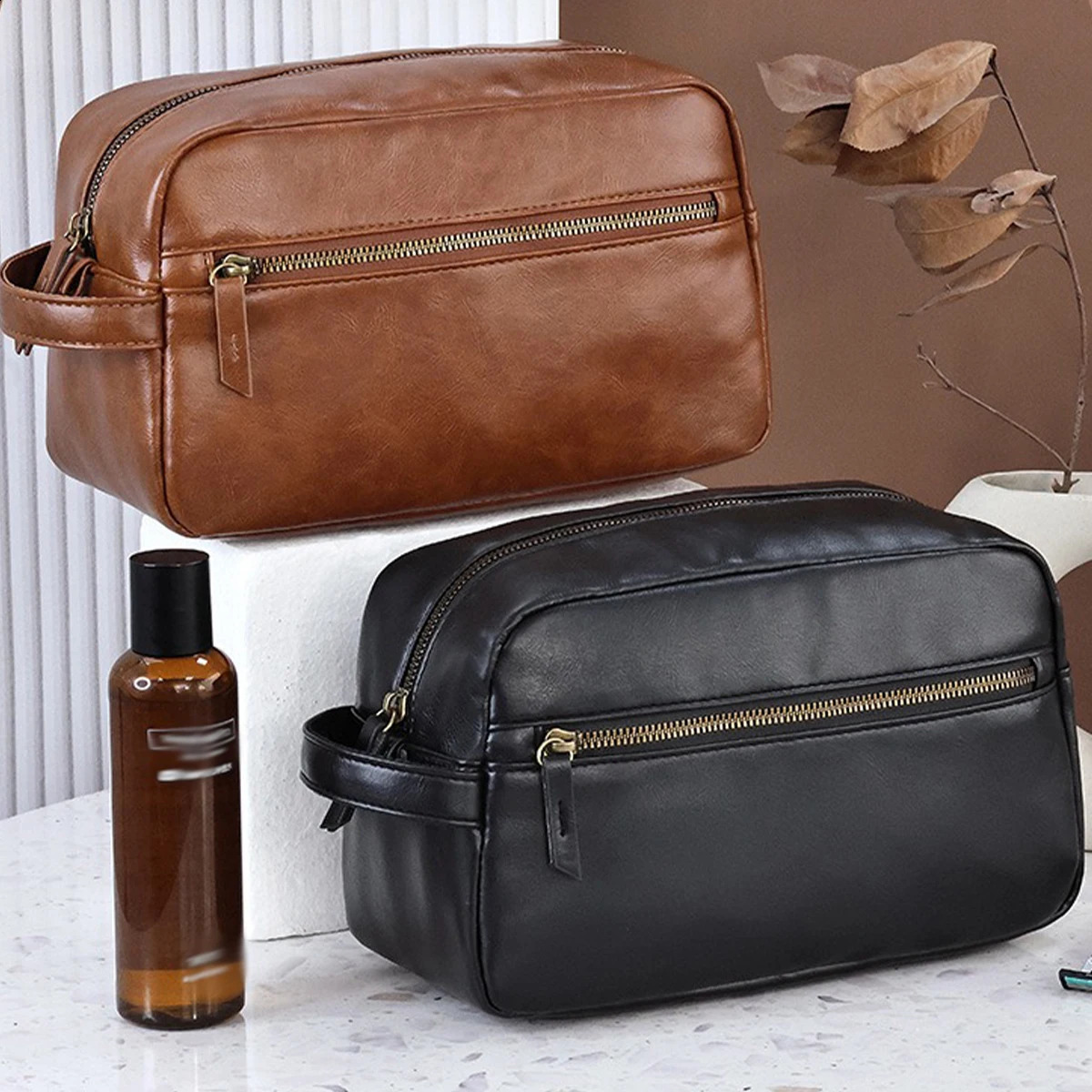 Men Vintage PU Leather Portable Toiletry Bag Travel Necessary Business Cases Male Hanging Double Layered Wash Bag 250918
