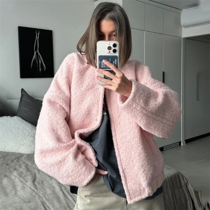 Talenza Womens Pink Short Fur Jacket Autumn Loose Fashion Long Sleeve Jacket Top Casual Stand Collar Pocket Button Warm Jacket 250918