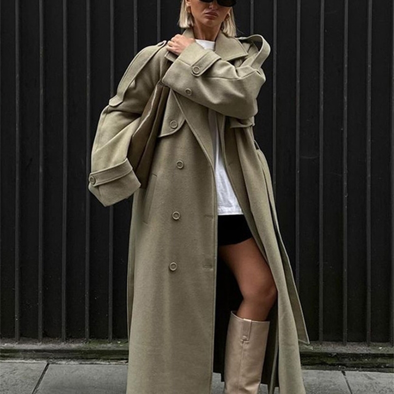Casual Solid Long Women Coat Urban Full Sleeve Belt Double Breasted Female Jacket 2025 Autumn Winter Chic Lady Streetwear 250918