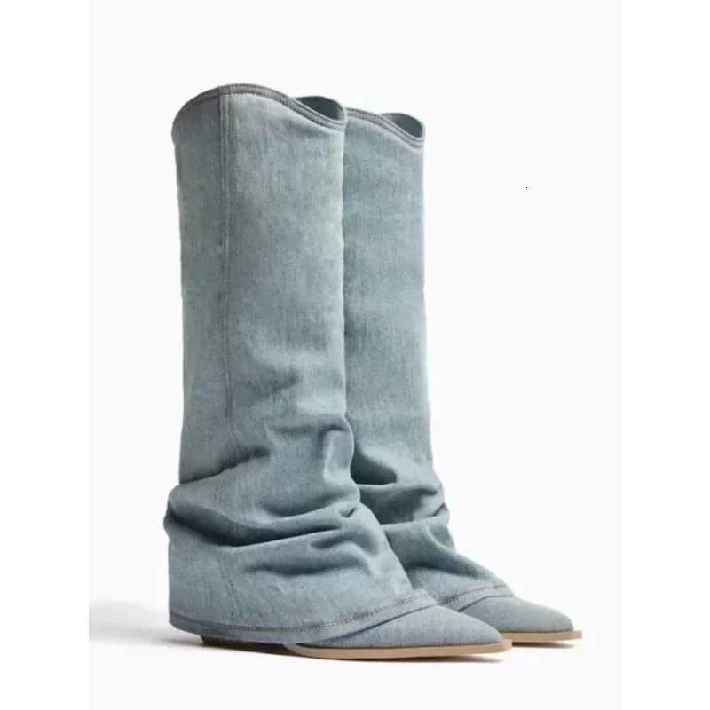 Pointed Toe High Heel Trouser Tube Boots New Female Western Cowboy Knight Boots Denim Splicing Street Style Sewing Fashion Shoes W250919