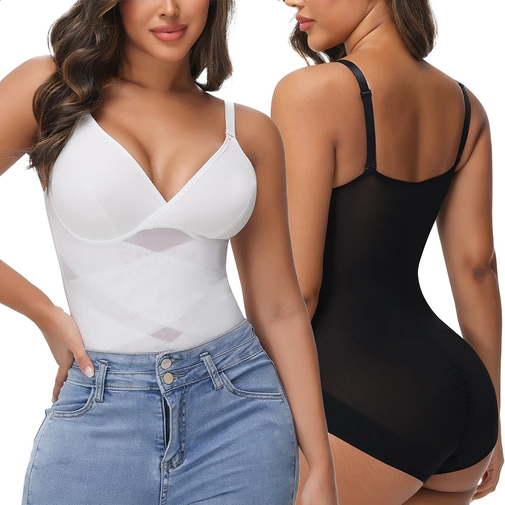 Women Cross Tummy Control Shapewear Sexy Mesh Slimming Waist Briefs Bodysuit Thin Breast Cup Body Shaper Butt Lifter Smooth Body 250918