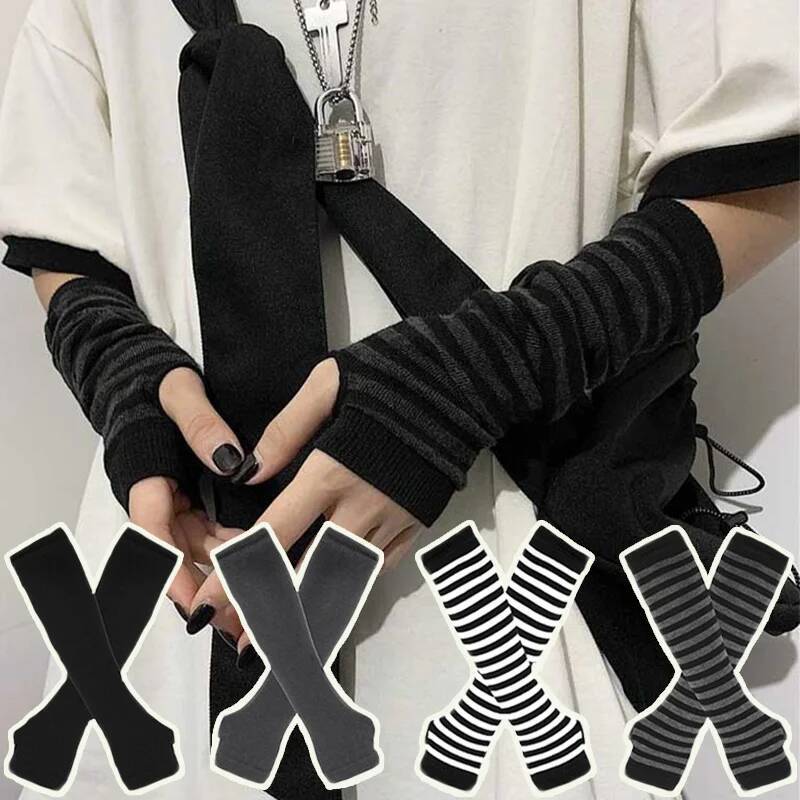 Y2K Gothic Lolita Cover Haruku Arm Warmers Black Grey Striped Fingerless Punk Long Wristband Metallic Unisex Gloves ddmythur