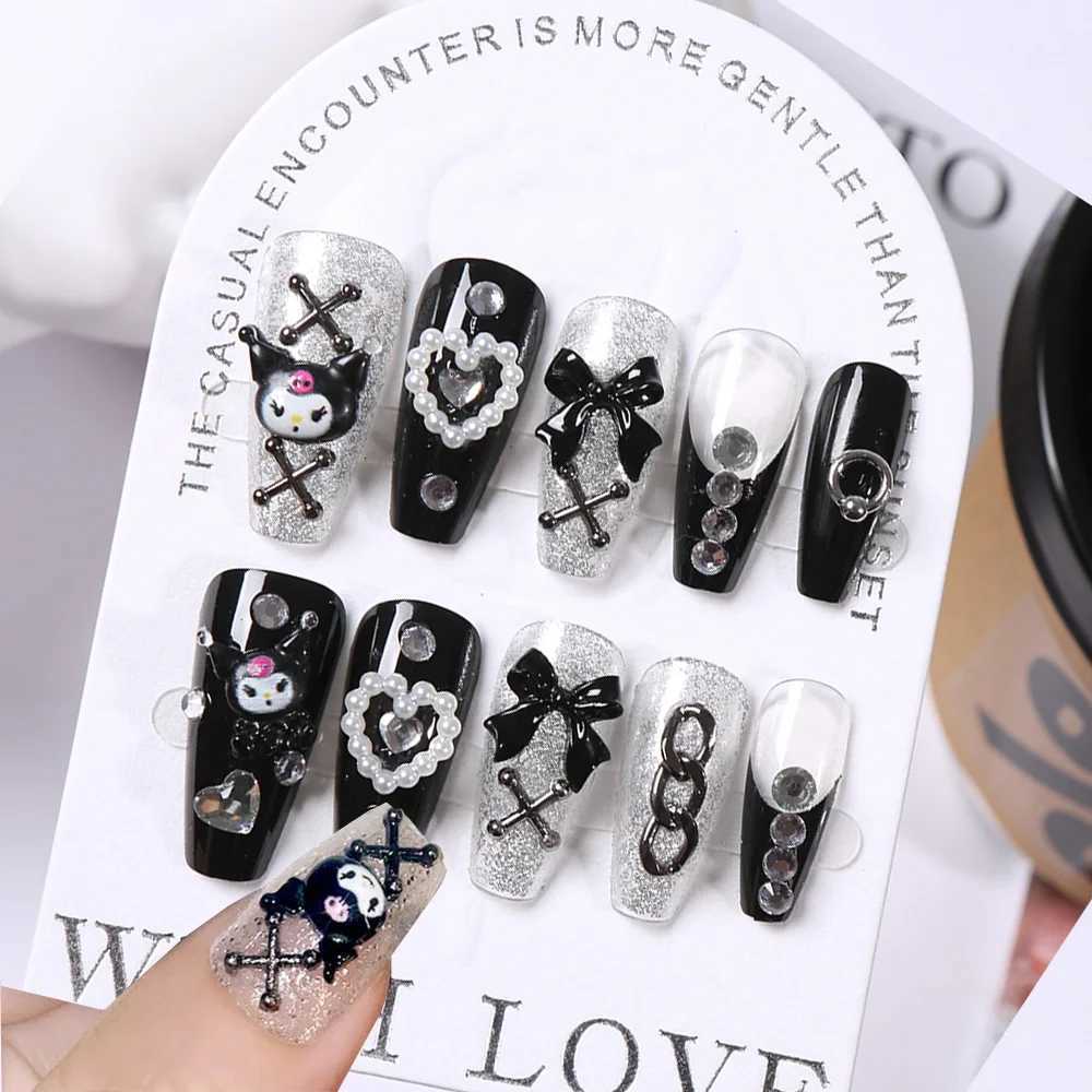 24pcs 3D Kuromi Presse sur les ongles Y2K Carton de dessin à la main Faux Nails Black Gel Nail portable Nails Cinnamoroll Mélody Anime Faux Nail