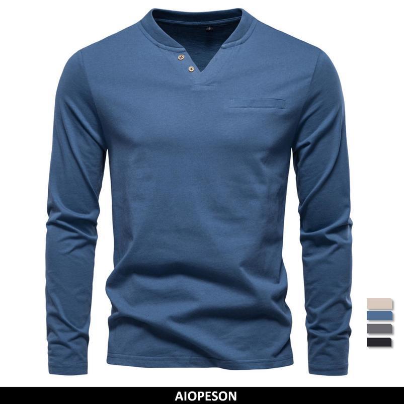Aiopeson Men de haute qualité Tshirt à manches longues Fashion Pure 100 Coton Henley Collier T-shirt Man Polera Manga Larga Hombre 250919