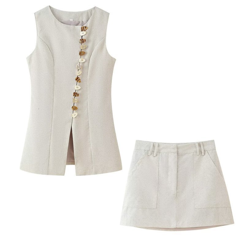 Set Womens Asymmetric Buckle Vest Short Skirt Round Neck Sleeveless Top Aline Summer Casual Chic 250919