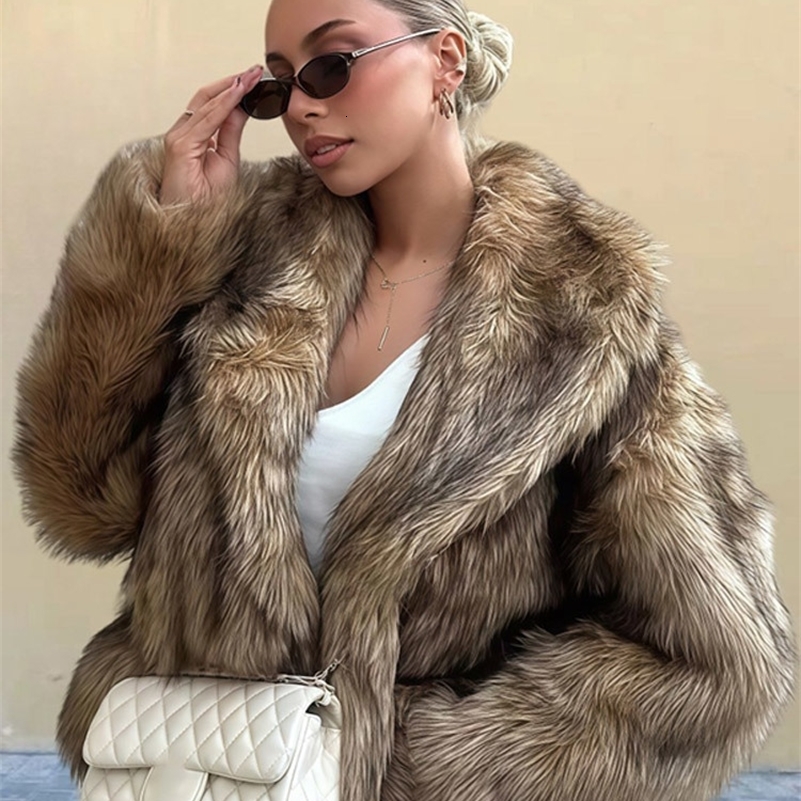 Elegant Brown Fluffy Faux Fur Thicken Jacket Chic Female Lapel Long Sleeves Short Overcoats Autumn Winter Lady Street Outerwear 250918