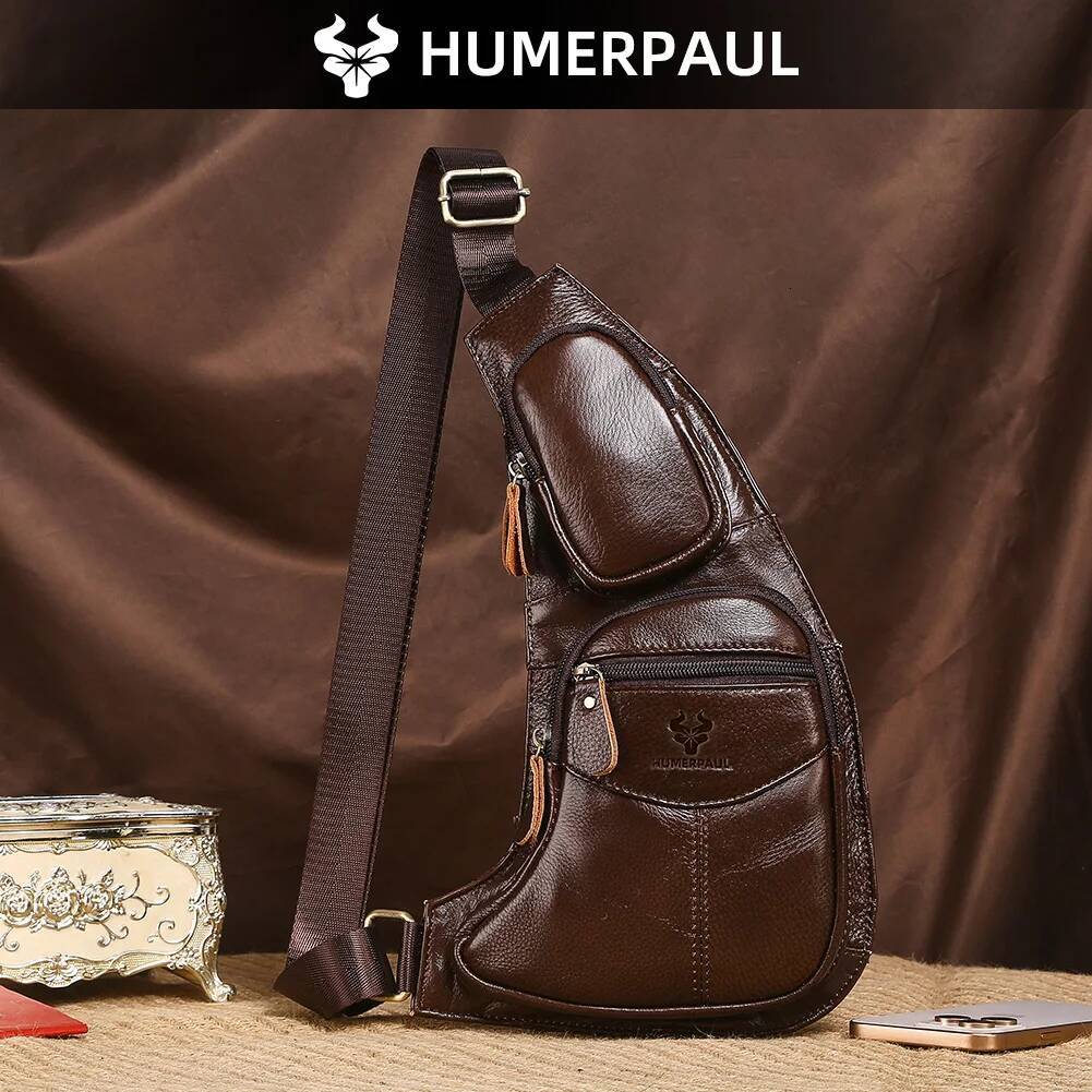 HUMERPAUL Retro Chest Men's Large Capacity Crossbody,Casual Outdoor Travel Hiking Phone Pack, Real Leather Sling Bag