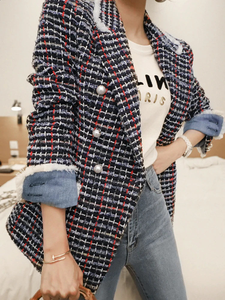 Fashion Elegant Women Tweed Outwear Casual Retro Plaid Double Breasted Pearl Button Lady Femme Mujer Autumn Winter Coat Jacket 250906 bc
