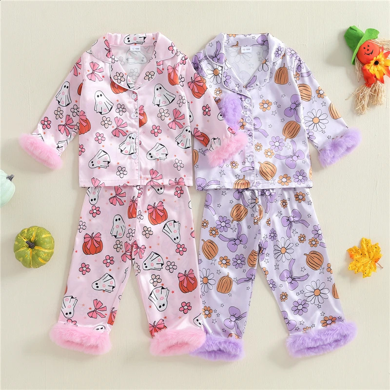 Toddler Baby Girls Halloween Pyjama Fents Enfants Fashion Fashion à manches longues Revers Floral Pumpinghost Pantalon de chemise Pantalon Sleepi