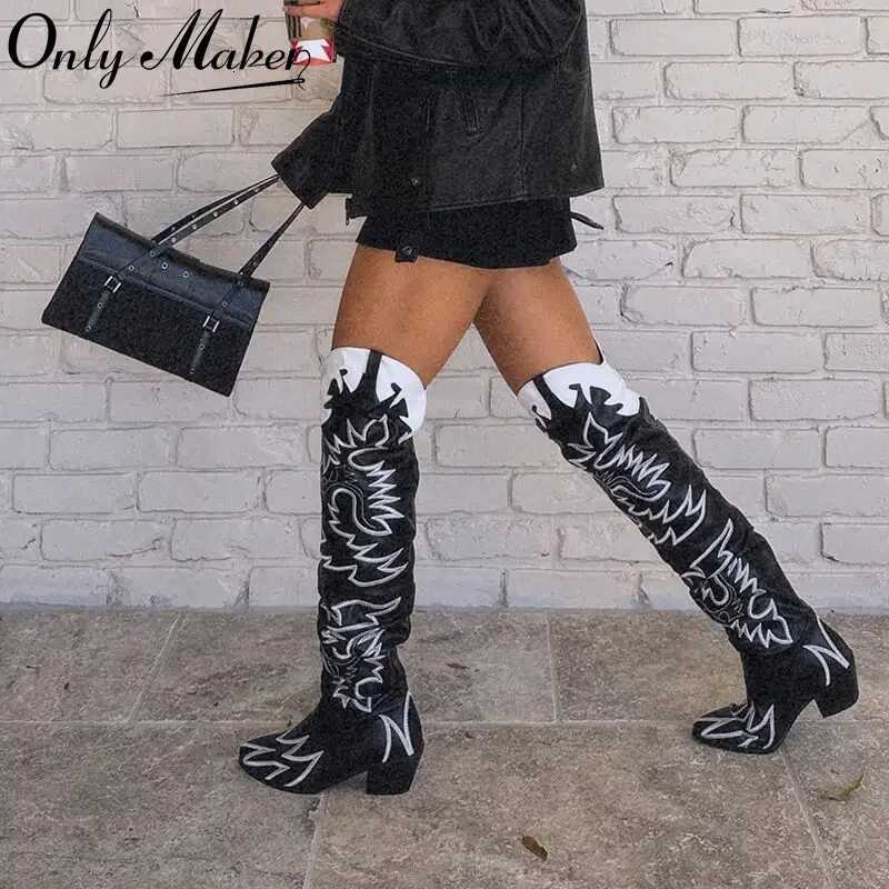 Solo fabricante mujer botas altas botas de vaquero occidentales de pantorrilla ancha bordadas mujeres con tacón de punta de punta de pilón botas W25