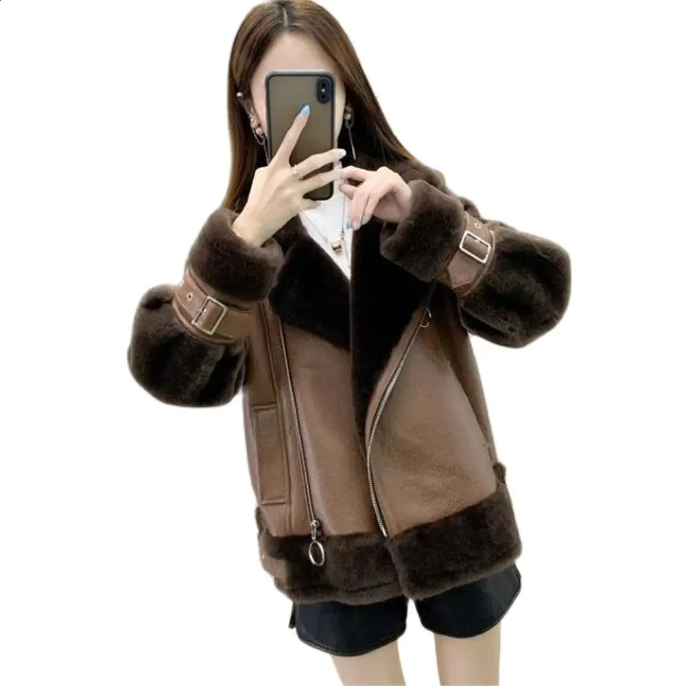 Autumn Winter Jacket Women Lamb Leather Wool Liner Coat Temperament Overcoat PU Ladies Outwear Square Collar Tops Warm 250918