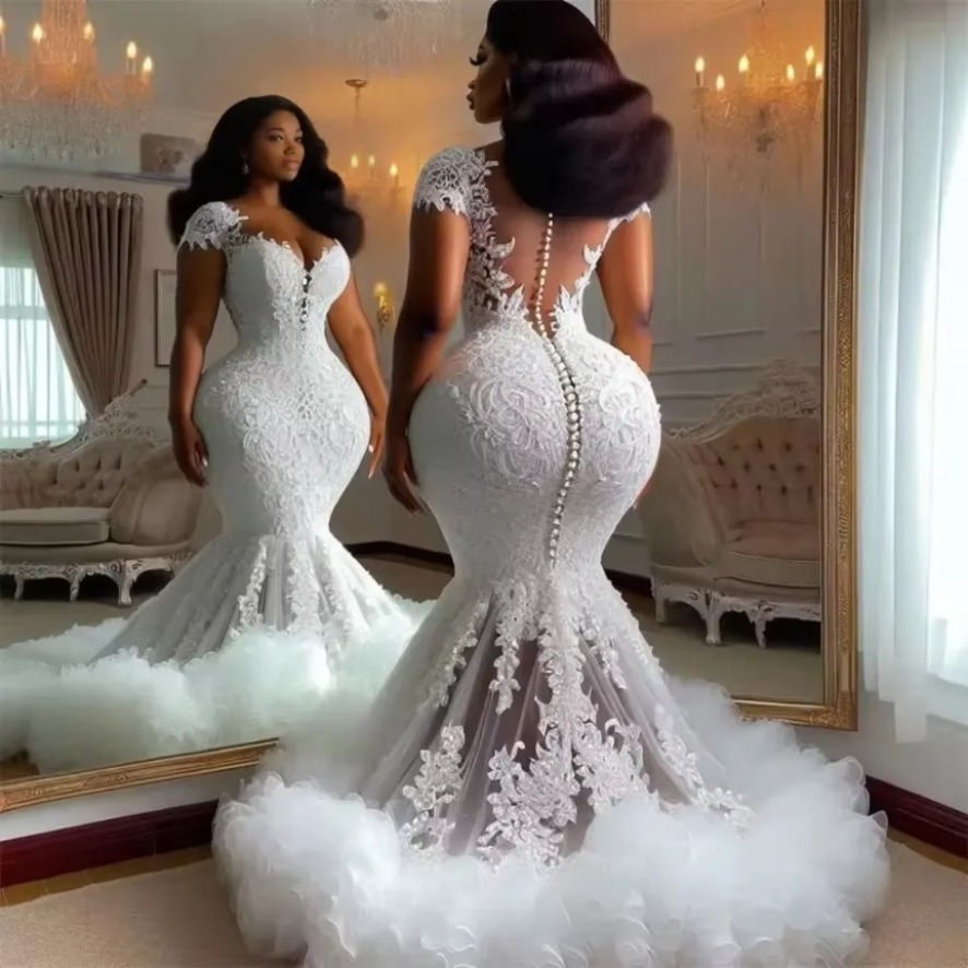 Sexy Button Back Tulle Ruched Train Aso Ebi Wedding Dresses Luxury 2025 Lace African Bridal Gowns Vestidos Novias Boda Plus Size 0919
