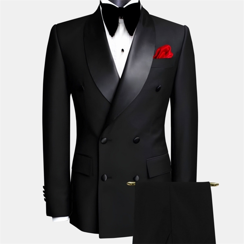 Les hommes conviennent à Black 2 Pieces Bouton double avec revers pour le marié Business Birance Banquet Banquet Veste et pantalon Y250918