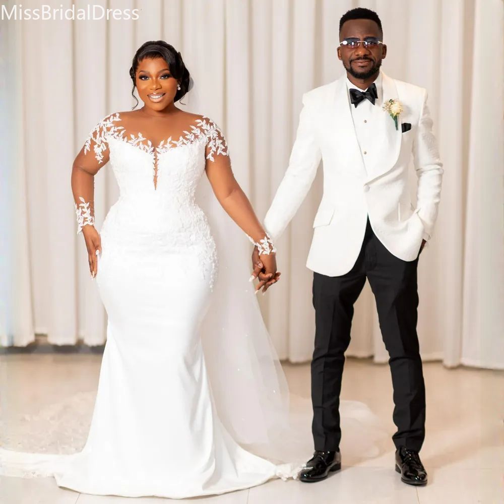 Elegant African White Satin Mermaid Wedding Dresses With Illusion Long Sleeves Lace Appliques Chapel Train Gorgeous Bridal Gown Plus Size Wedding