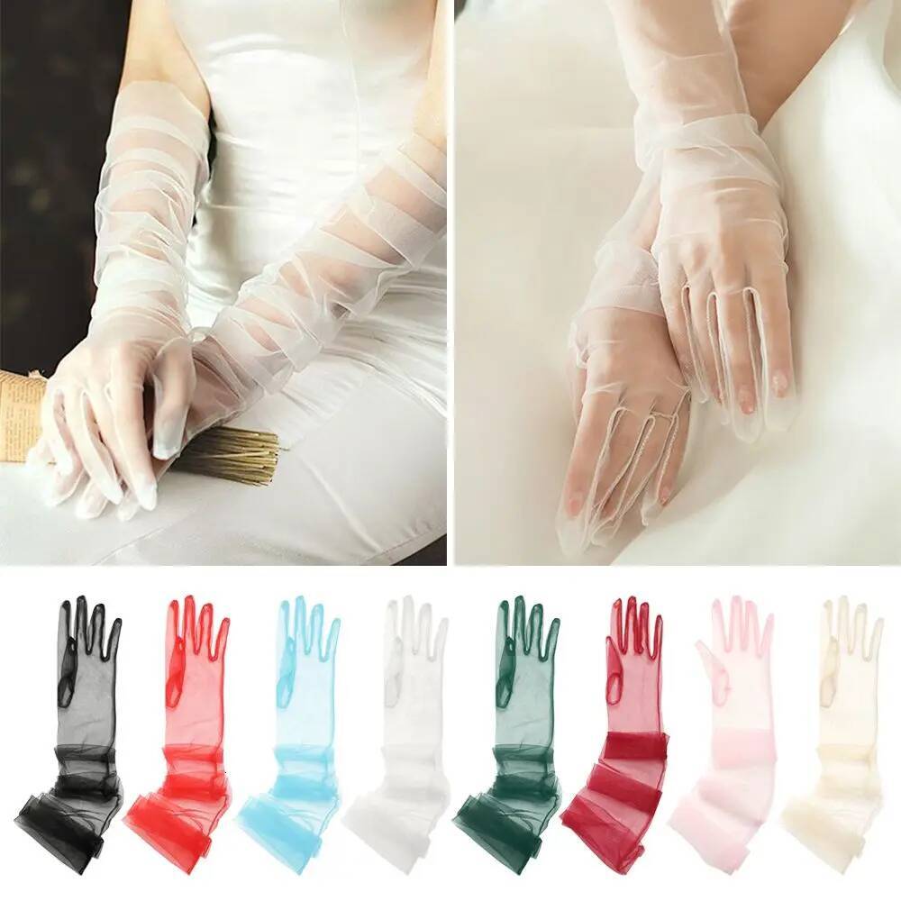 Women Sexy Lace White Mesh Tulle Vintage Wedding Mittens For Lady Driving Thin Elbow Long Gloves ddmythur
