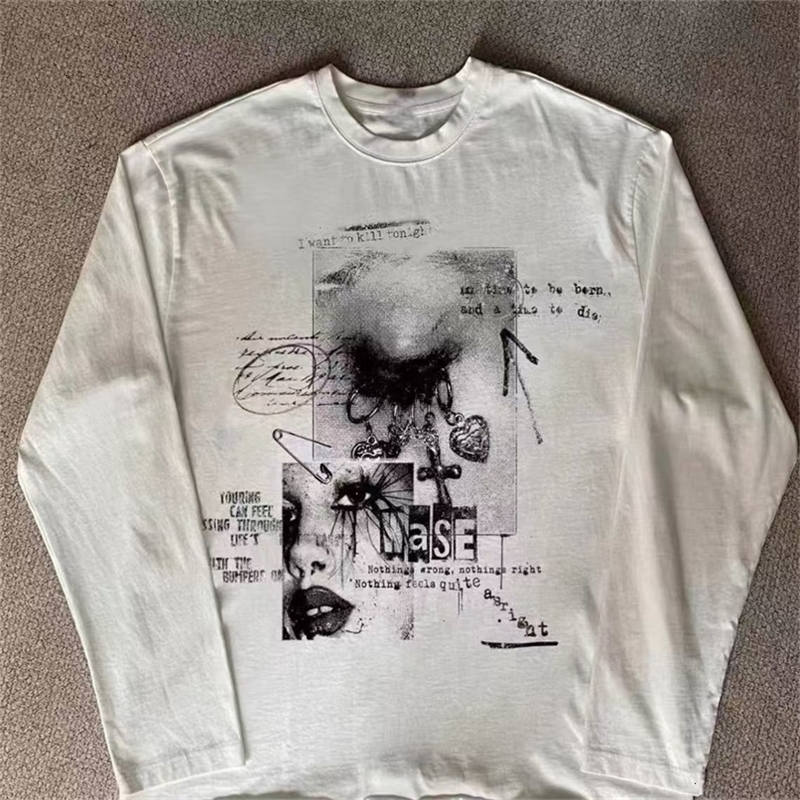 Y2k White Letter Printing All Match Long sleeve Tshirts Harajuku Casual Loose Vintage Tops Men and Women Grunge Aesthetic Tees250918