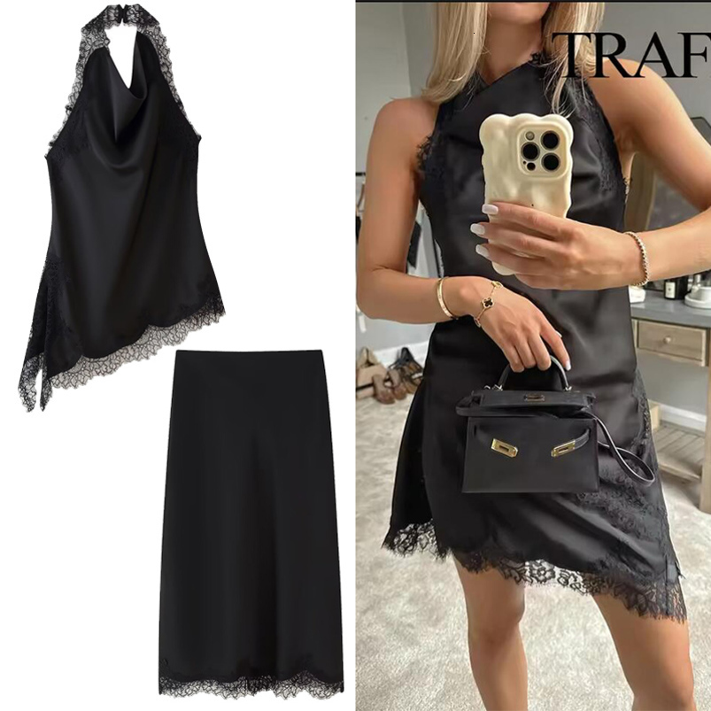 Traf Lace Satin MIDI juge en deux pièces pour femmes Halter Top costumes Elegant Summer Woman 2 Tenues 250919