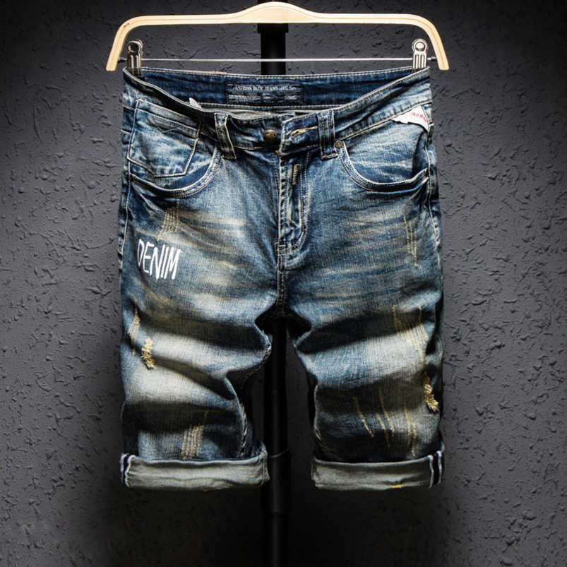 Classic Retro Distressed Mens Letter Printed Jeans Shorts Knee Length Straight Slim Frayed Trend Punk Male Denim 250919