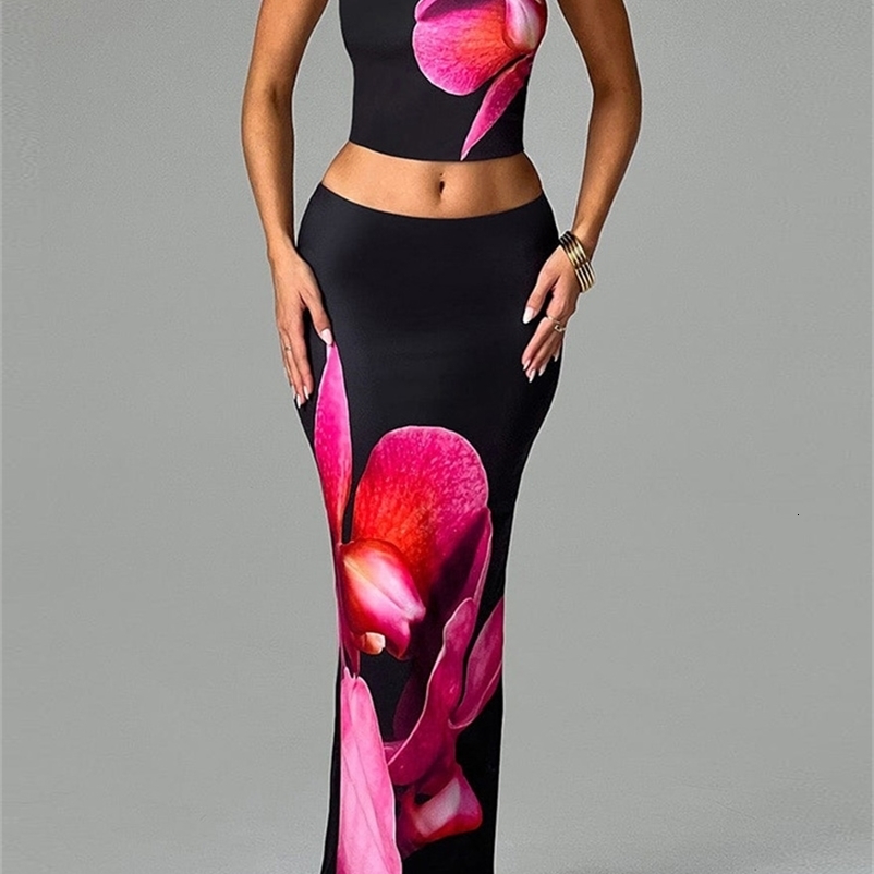 CHRONSTYLE Sexy Women 2 Pieces Outfits Floral Print Tube Tops and Elastic Waist Bodycon Long Skirts Sets Summer Streetwear 2024 y250918