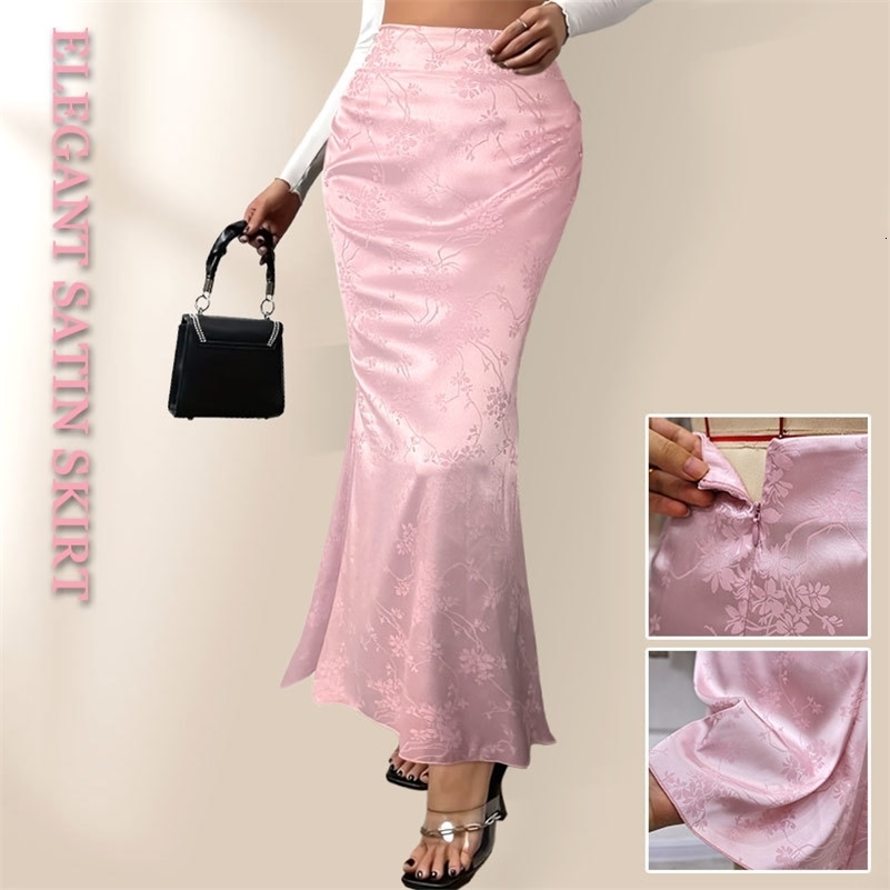Pink Satin Skirts For Woman Floral PRINT Skort Office Lady Casual Simple A Line Straight Pencil Long Midi Skirt Female Like Silk y250918