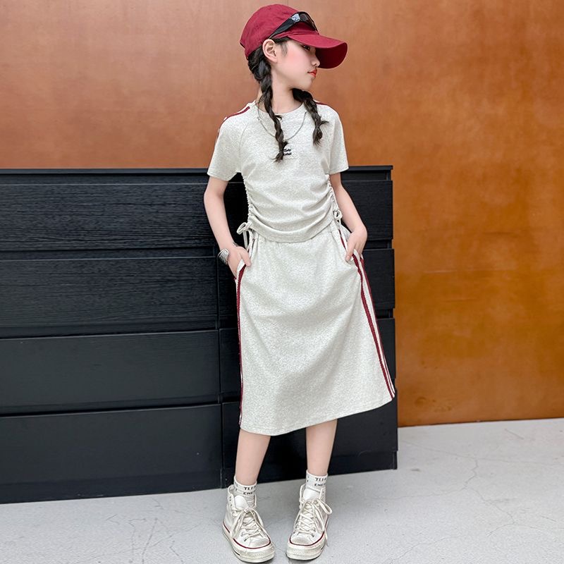 D348 Girls knitted suit summer clothes 2025 new style short-sleeved skirt two-piece suit Korean style sports big children-image-1075890337