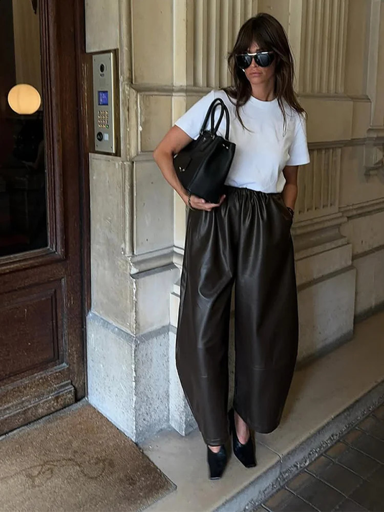 Street PU Leather Bloomer Elastic Waist Hip Hop Wide Leg Pants Balloon Lace Up Jogger 2025 Autumn Casual Pant 250919