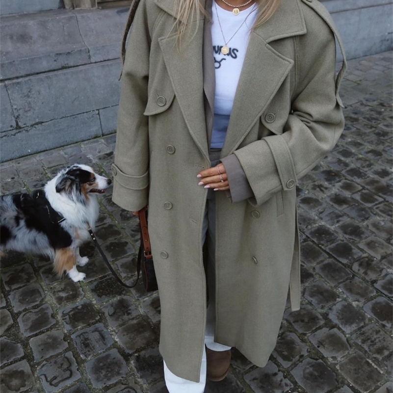 Elegant Loose Belt Coats Women Turndown Collar Full Sleeve Double Breasted Overcoat 2025 Autumn Chic Female Casual Outerwear 250918