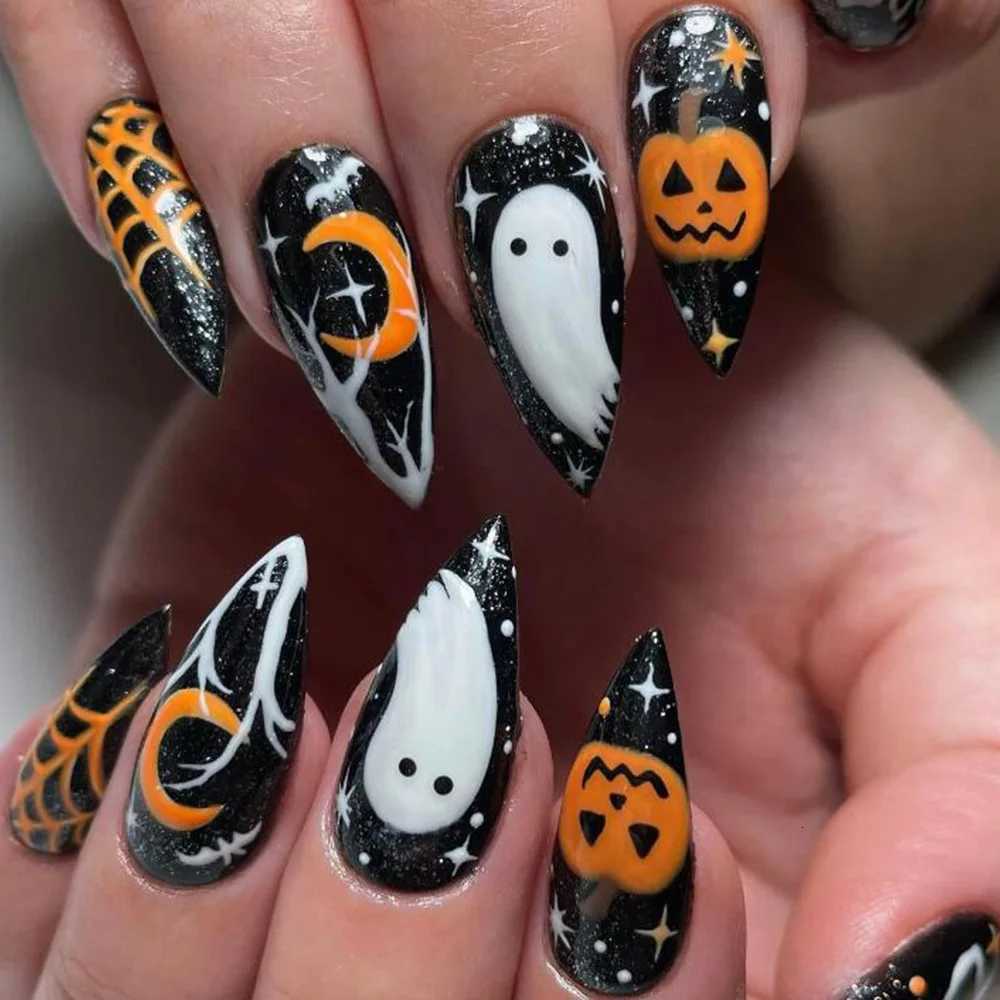 24pcs Black Long Almond Press on Nails Sets Ghost Pumpkin Patterns Stiletto Fake Nail Art Halloween Wearable False Nails Tips W250919