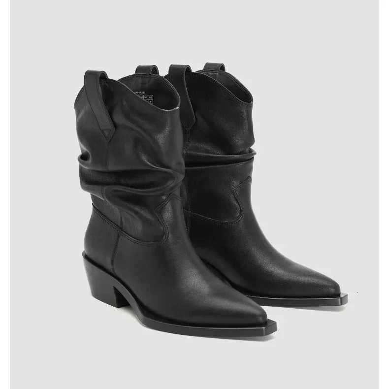 Pu Leather Chelsea Boots for Women Autumn Winter New Chunky Heeled Cowboy Boots Woman Loose Tube Midcalf Pleated Western Bootie W250919