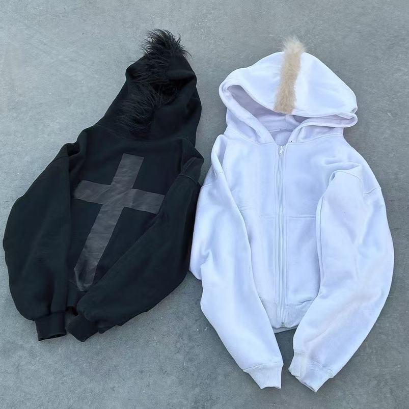 Fun cross printed plush hat Harajuku oversized zip up hoodie for women y2k aesthetic winter clothes couple sweatshirt 250919
