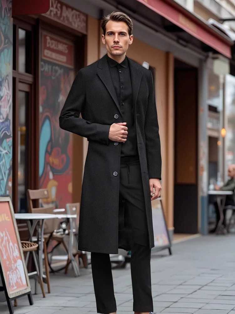 Mens Business Casual Trench Coat British Classic Singlebreasted Lapel Tweed Fashion Elegant MidLength Autumn Winter Male Coat X250919