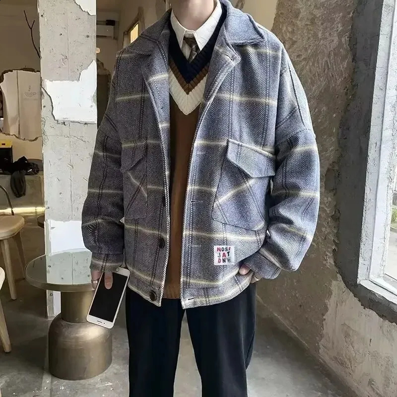 Mens Plaid Jacket Autumn Winter Warm Thin Short Woolen Casual Loose Fit Windbreaker Coat Spring Casual Outerwear Men Clothing 250919