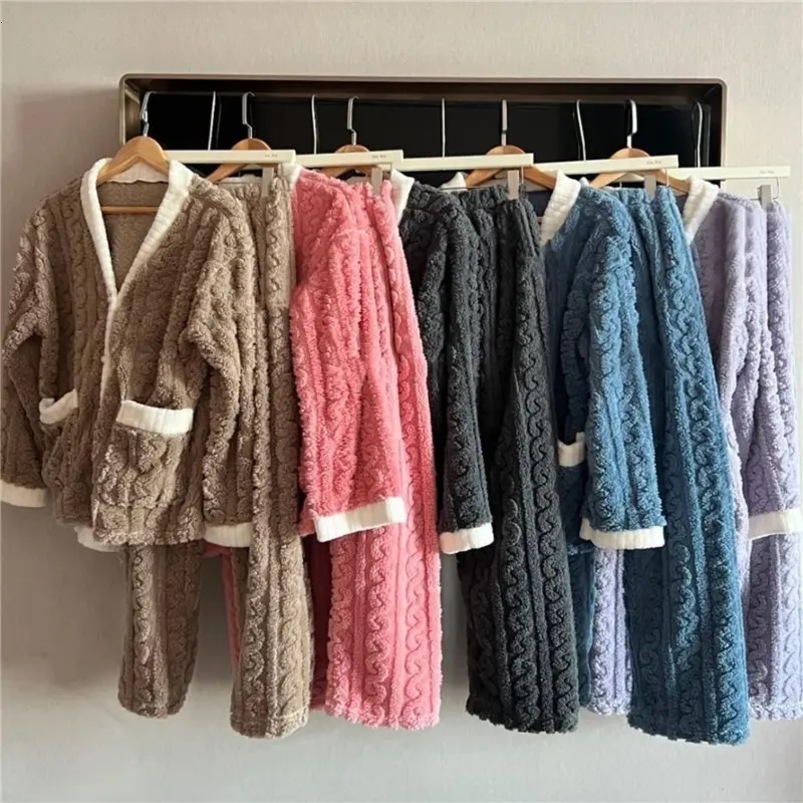 Autumn Winter Loose Sweet Casual Pajamas Womens Set Thick Fleeceing Wool Long Sleeve Cardigan Elastic Waist Pants Trousers 250919