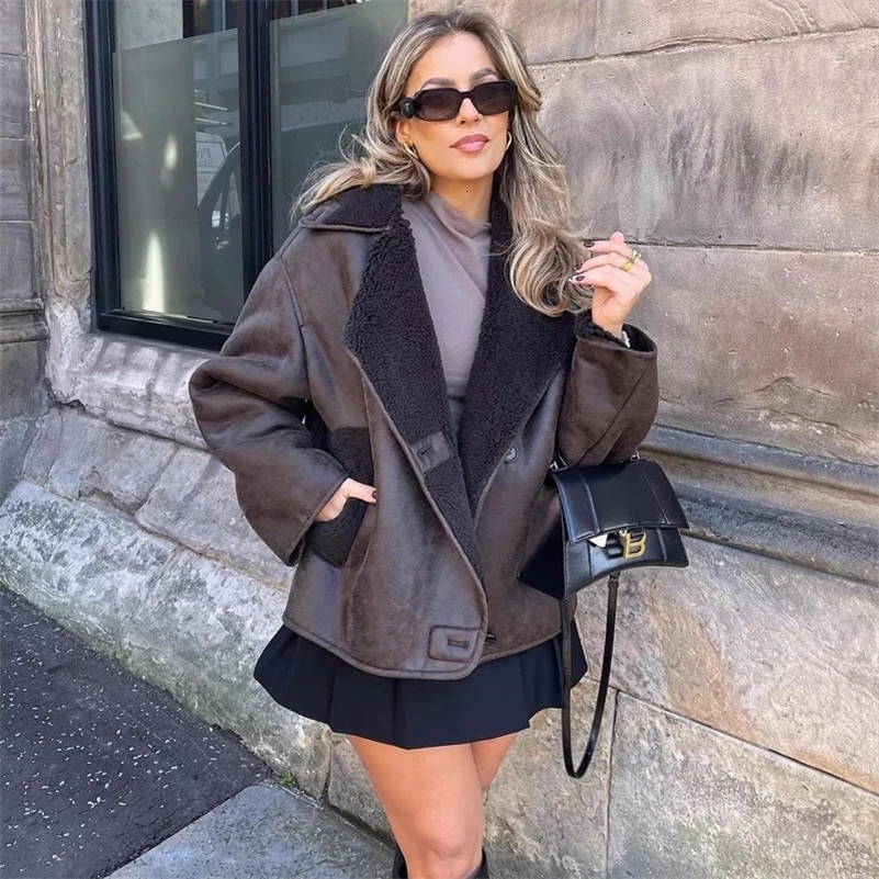 Traf Femme Vestes en fausse en cuir épaisses pour femmes enrober l'automne d'hiver Mélanges de laine chaude et manteaux en peluche de la démisme