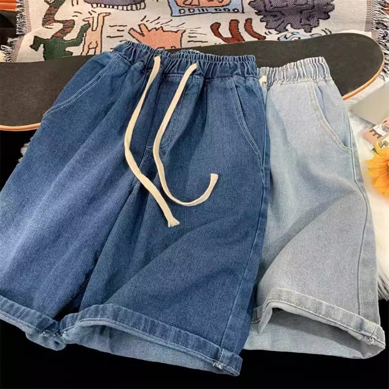 Korean Style Vintage Mens Jeans Summer Loose Male Wide Leg Knee Length Shorts Washed Fashion Short Denim Pants 250919