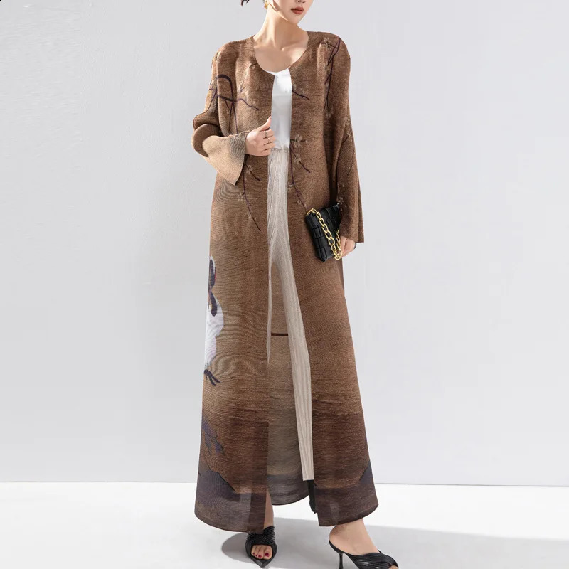Miyake Pleated Trench Coat for Women Womens Clothing 2024 Spring Fashion n Round Neck Cardigan Long 250919