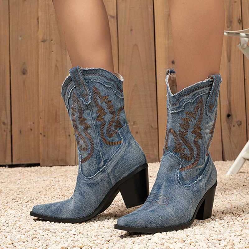 Liyke 2025 Autumn Winter Comfy Western Cowboy Boots Vintage Women Embroidery Denim High Heels Party Dress Ladies Shoes Booties W250919
