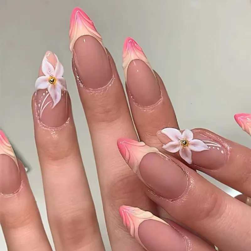 24pcs 3D Pink Flower Design Fake Nails Ins Gradient Pink Sweet False Nail Detachable French Almond Press on Nails for Women Girl W250919