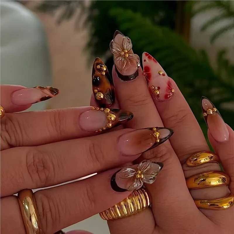 24pcs Long Almond False Nails with Flower Pearl Rhinestone Design Fake Nails Leopard Print Press on Nails Sets Finished Manicure W250919
