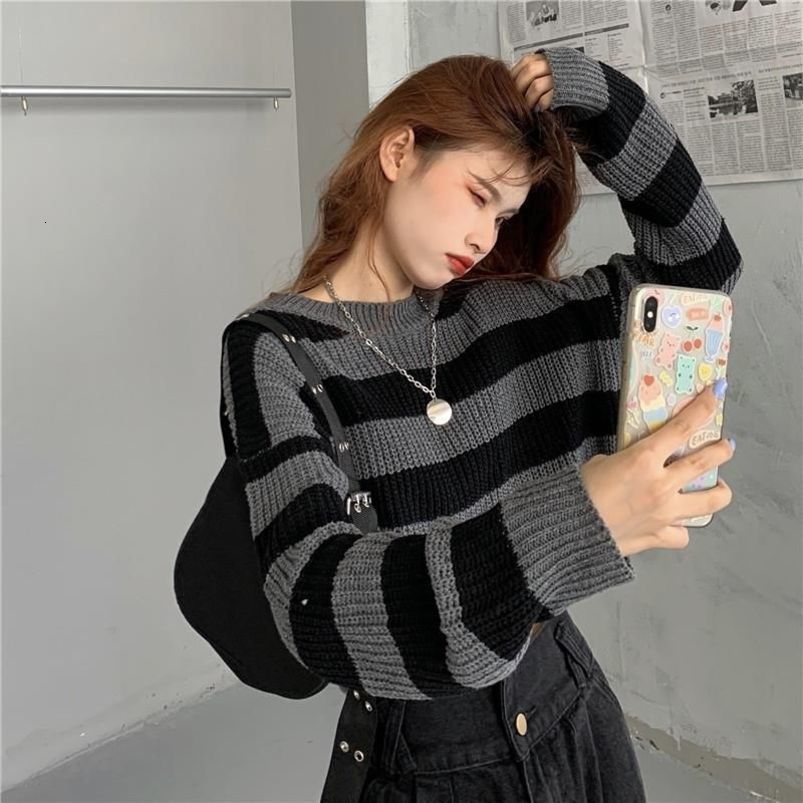 ZMZBCH Korean Style Autumn Striped Cropped Sweater Women Vintage Oversize Knit Jumper Female Long Sleeve Oneck Pullovers Tops 250919