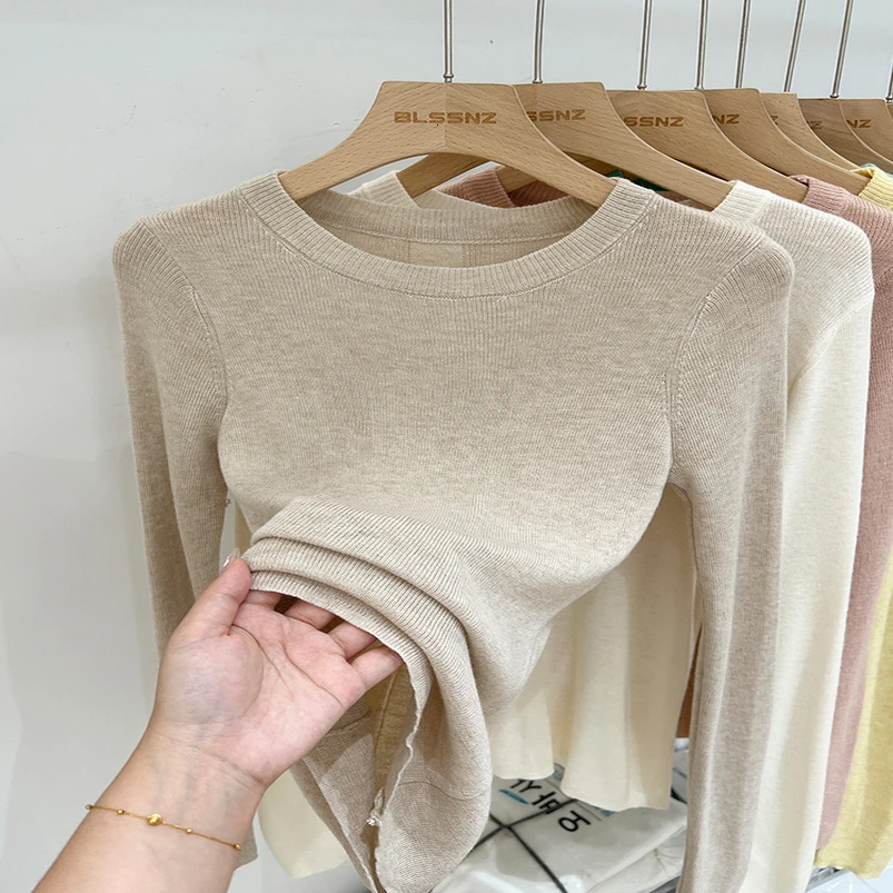 Lady Basic ONeck Slim TShirt Women Solid Multi Color AllMatch Trend Casual Top Screw Knit Long Sleeve Elastic Spring Office 250919
