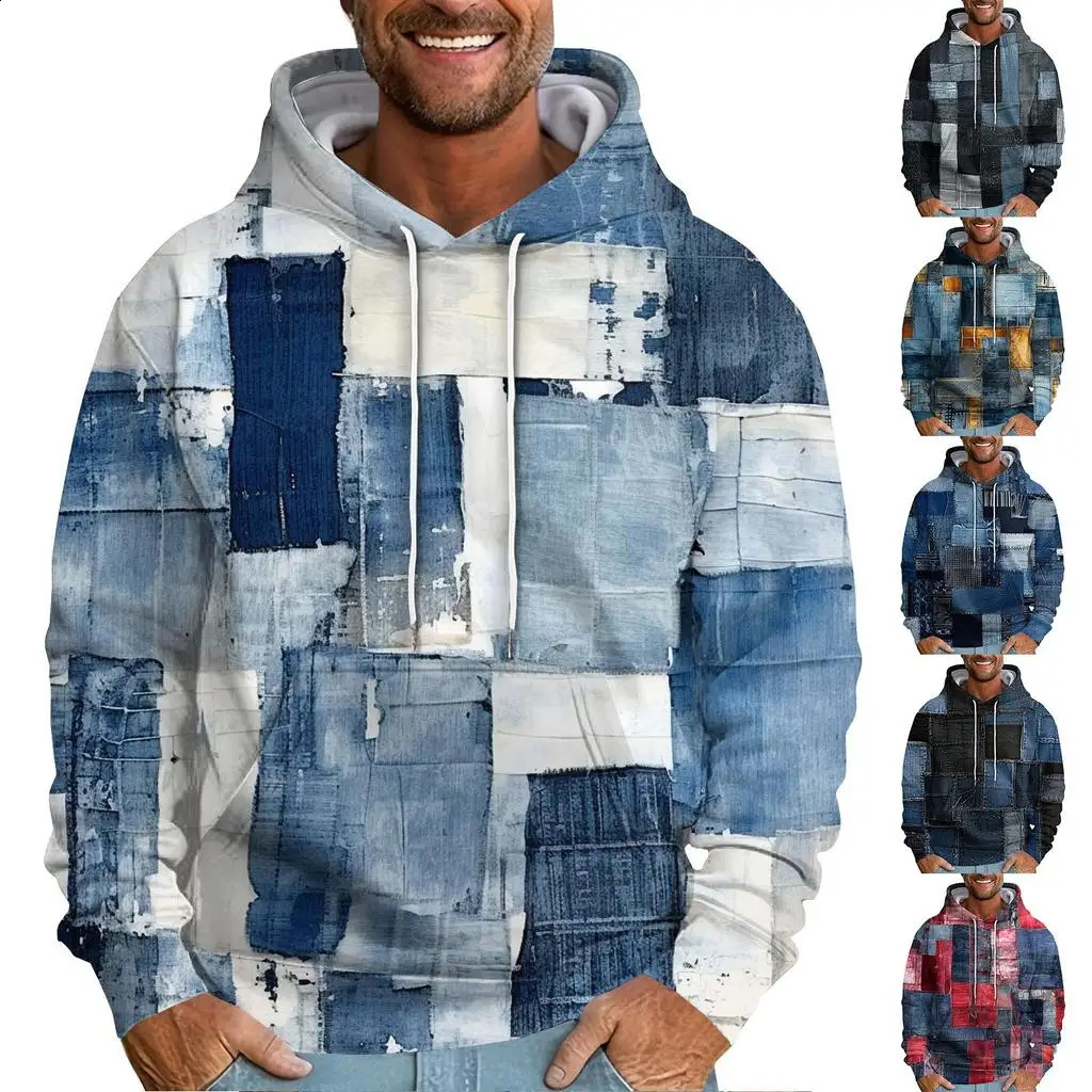 Denim Plaid Printed Mens Women Universal Hoodies Autumn Fashion Street Men Sweatshirts Casual Loose Men Clothing Tops Hoodies 250918