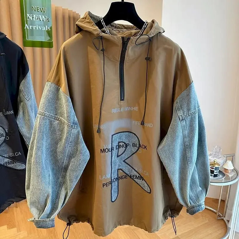 Oversized Hoodies Coat Women Fashion Denim Patchwork Hooded Pullover Jackets Casual Loose Half Zipper Hoodie Y2k Spring Autumn 250919