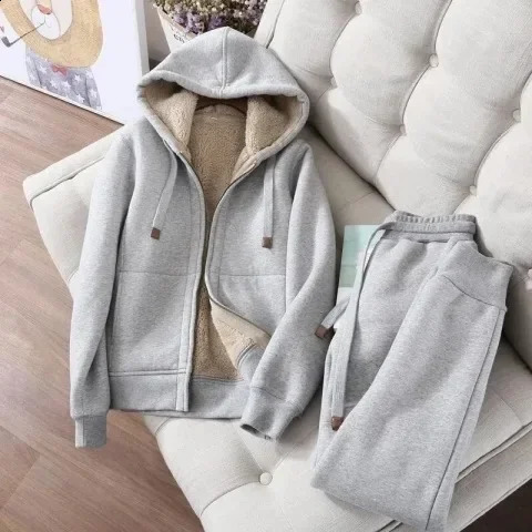 Womens Winter Thickened FleeceLined Casual Sportswear Simple Solid Color Slimming Long Sleeve Hooded Short Jacket Sweatpants T 250919
