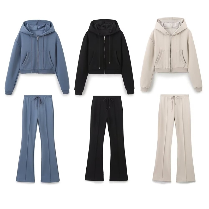 TaopZa Autumn womens fashionable casual zipper decoration hooded long sleeved sweatshirt jacket trumpet pants set 250918