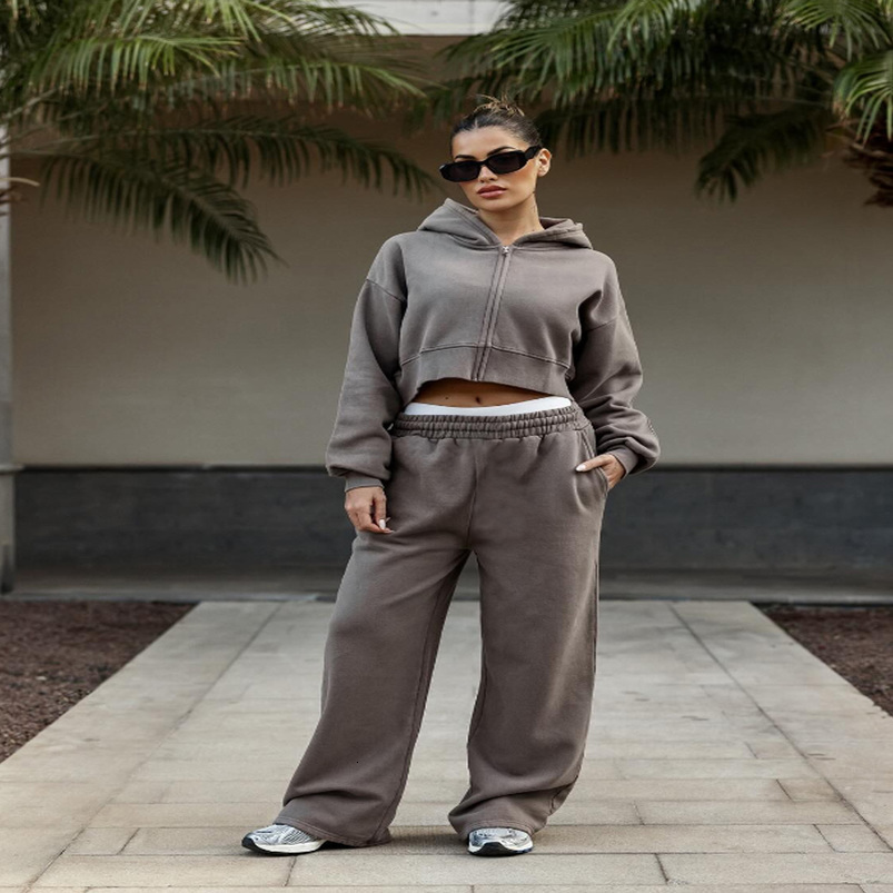 Womens Fall Winter Hooded Sweatshirt Set Long Sleeve Short Top Drawstring Waist Pants Casual Sportswear for Ladies 250919