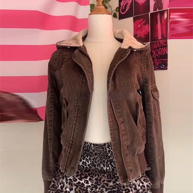 Womens Bomber Jacket Hooded With Fur Collar Winter Coat Autumn 2025 Long Sleeve Single Breasted Ruched Tops Chic Lady Outerwear 250918