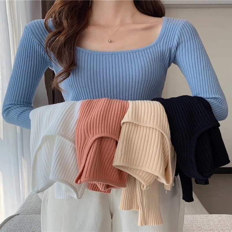 Autumn Winter Long Sleeve Base Layer Tops Basic Solid Squareneck Pullovers Women High Quality Slim Fit Casual Knitted Sweater 250919